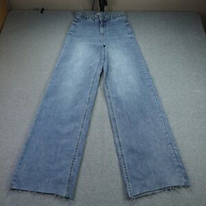 OAT New York Jeans Womens 0/25 Blue Braided Waist High Rise Wide Leg Raw Hem